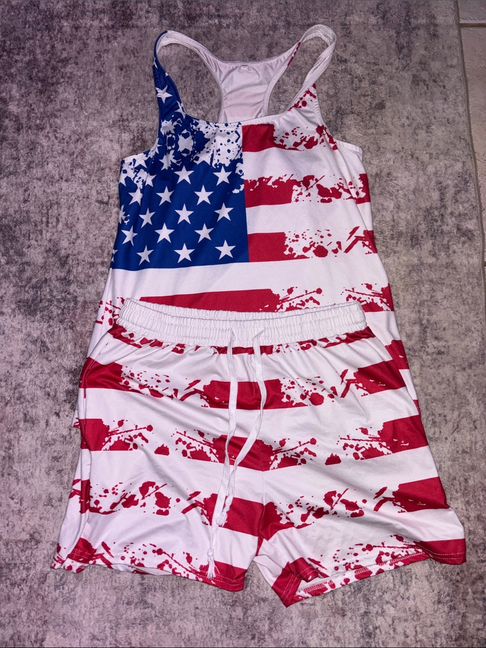 1XL Women’s Red, White & Blue Flag Print Tank Top and Shorts Set